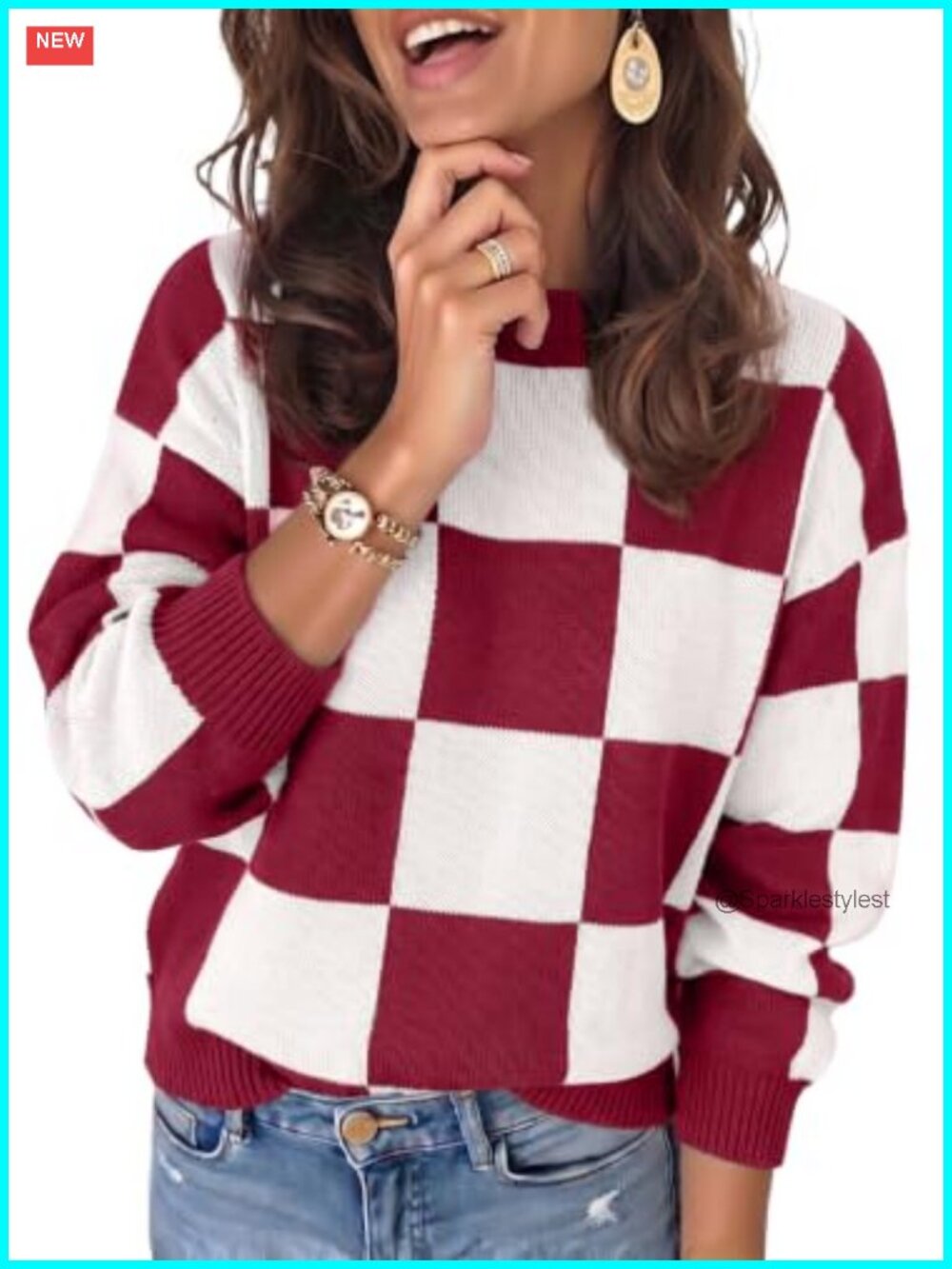 Oversized Checkered Knit Pullover Sweater Crewneck Long Sleeve